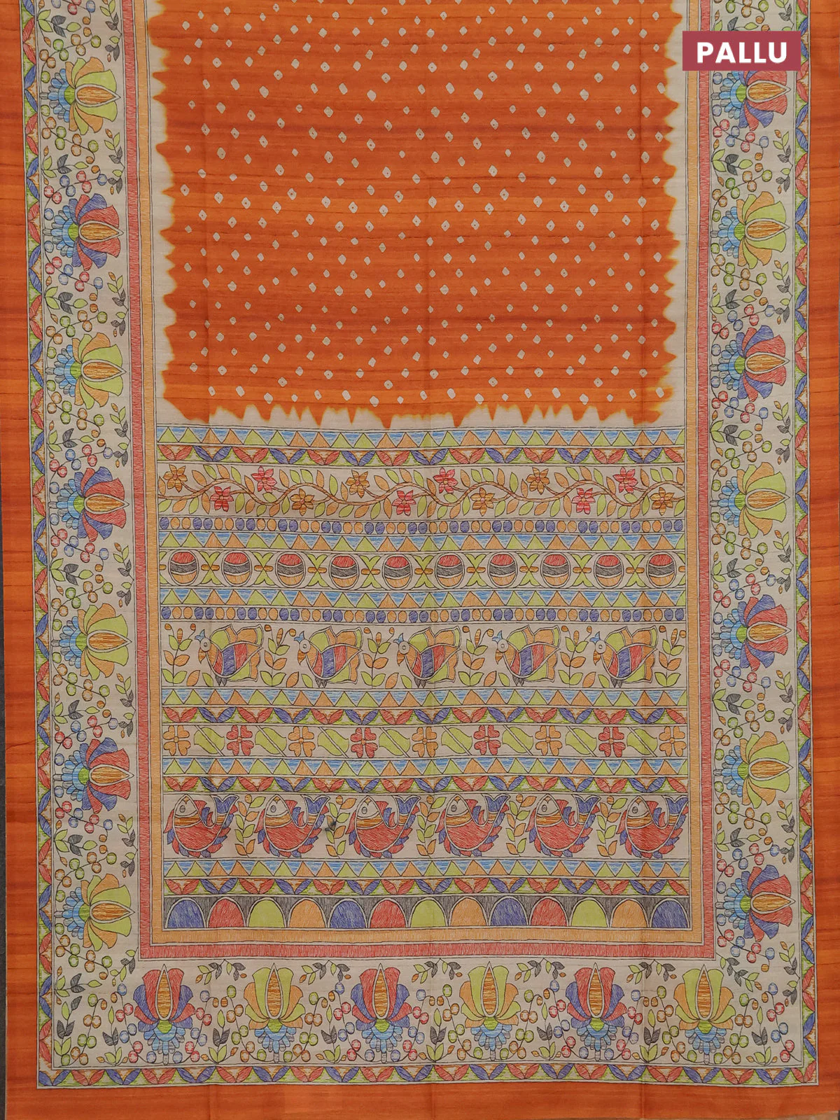 Semi tussar saree orange and beige with allover bandhani prints and madhubani printed pallu & border - Image 3
