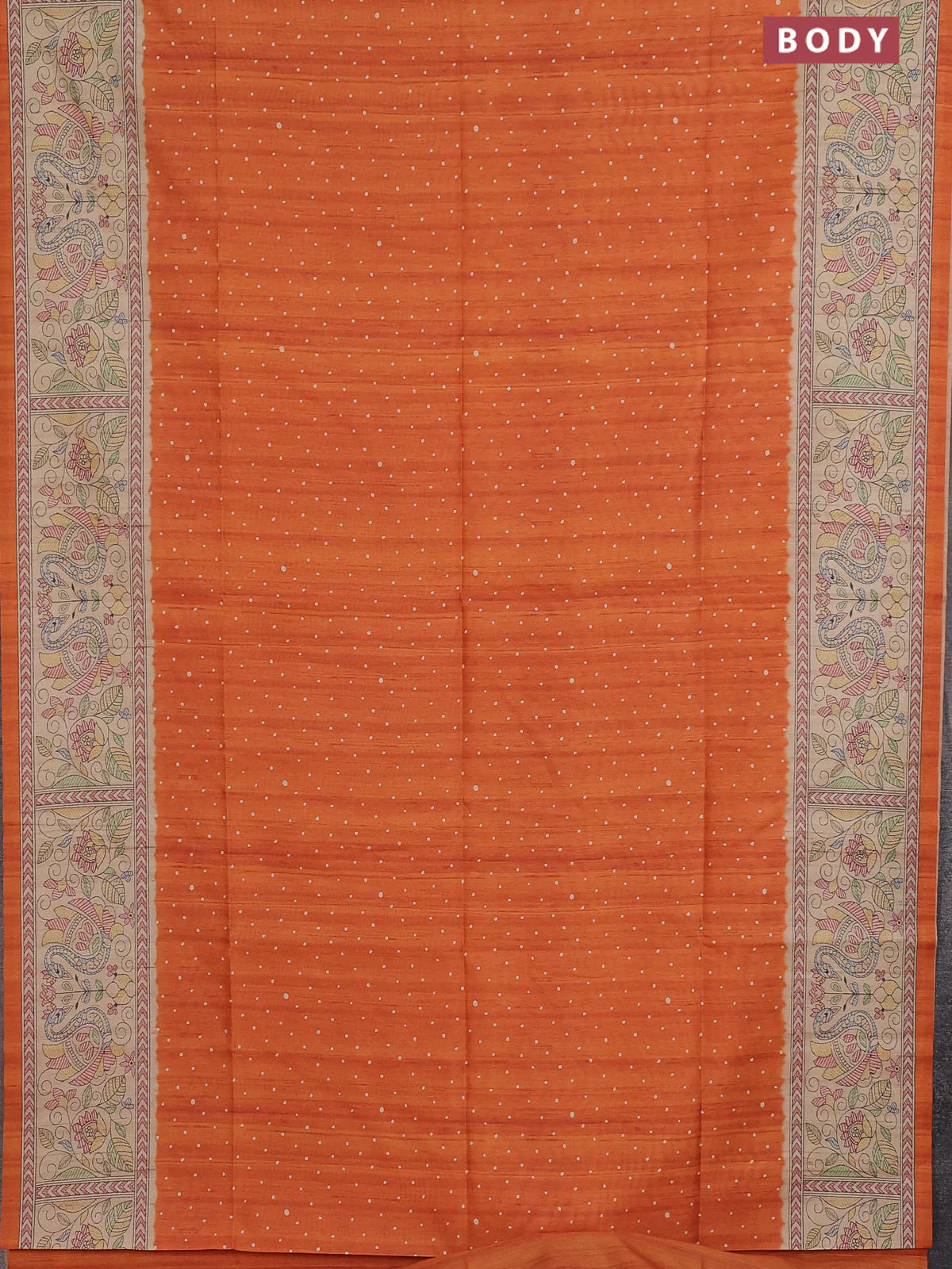 Semi tussar saree orange and beige with allover butta prints and madhubani printed pallu & border - Image 2