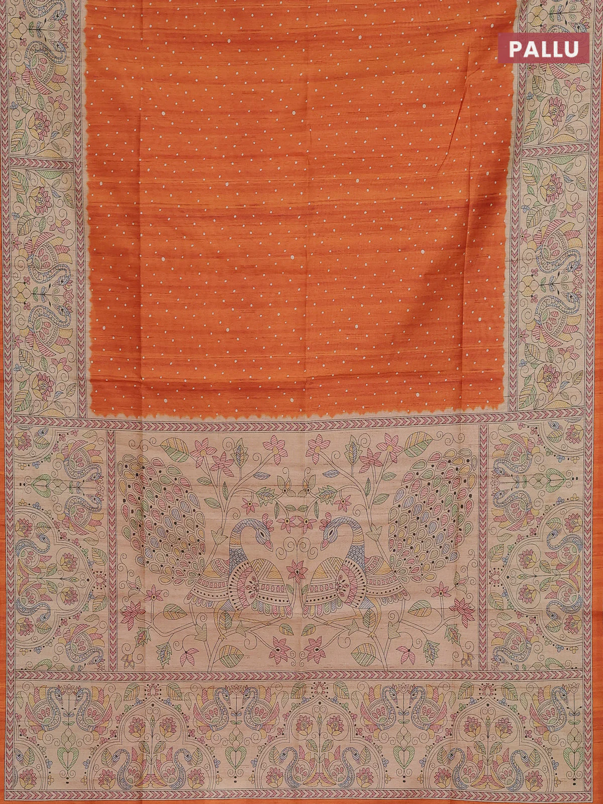 Semi tussar saree orange and beige with allover butta prints and madhubani printed pallu & border - Image 3