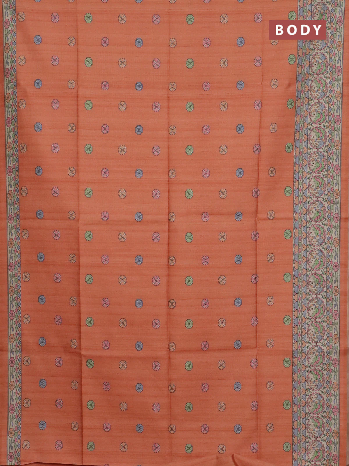 Semi tussar saree orange and beige with allover butta prints and madhubani printed pallu & border - Image 2