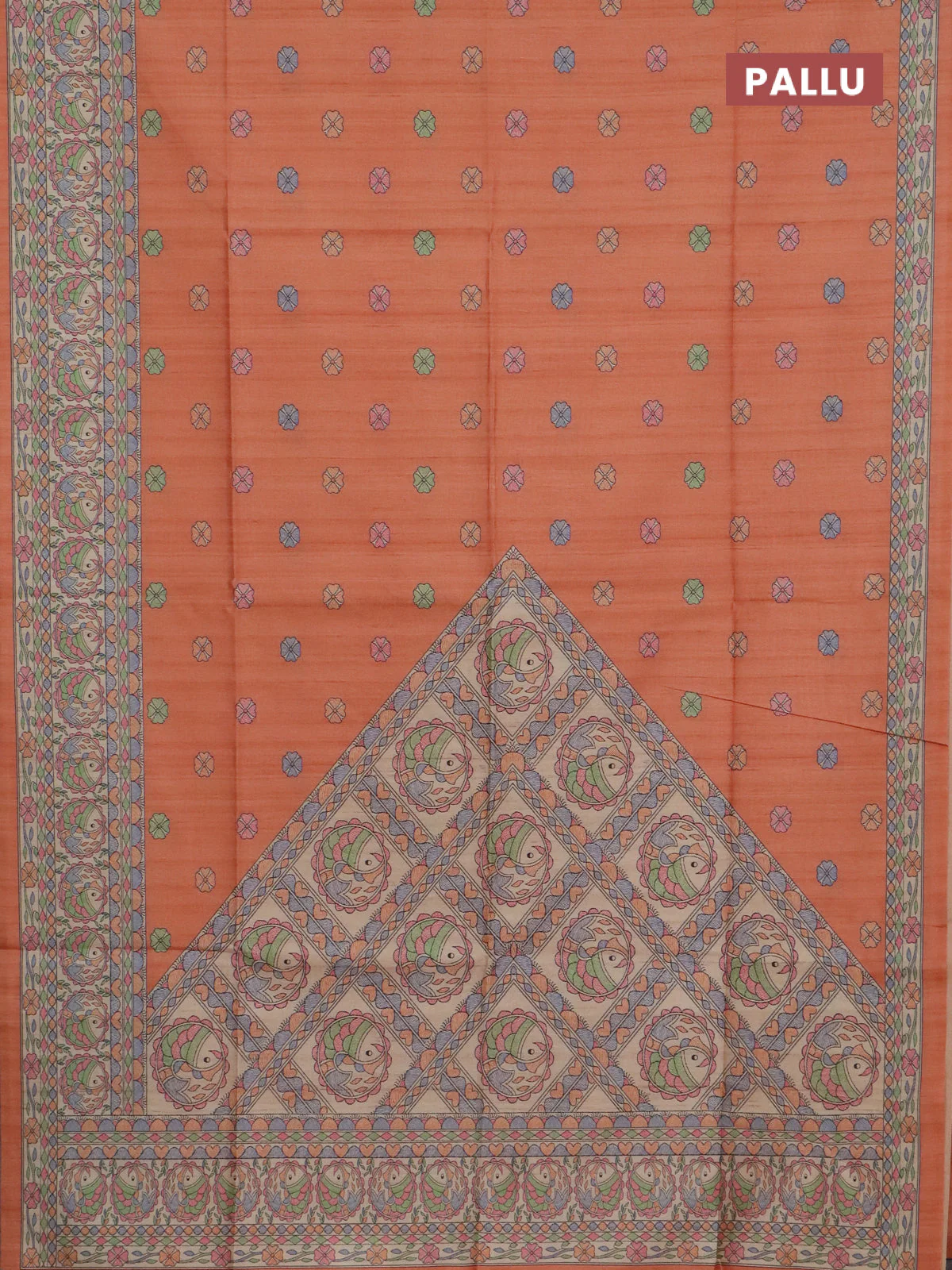 Semi tussar saree orange and beige with allover butta prints and madhubani printed pallu & border - Image 3