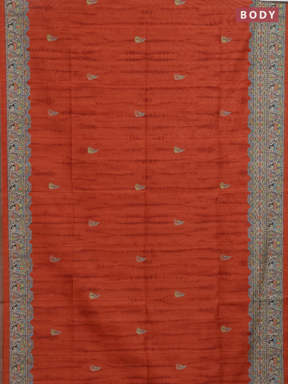 Semi tussar saree orange and beige with butta prints and madhubani printed pallu & border - Image 2
