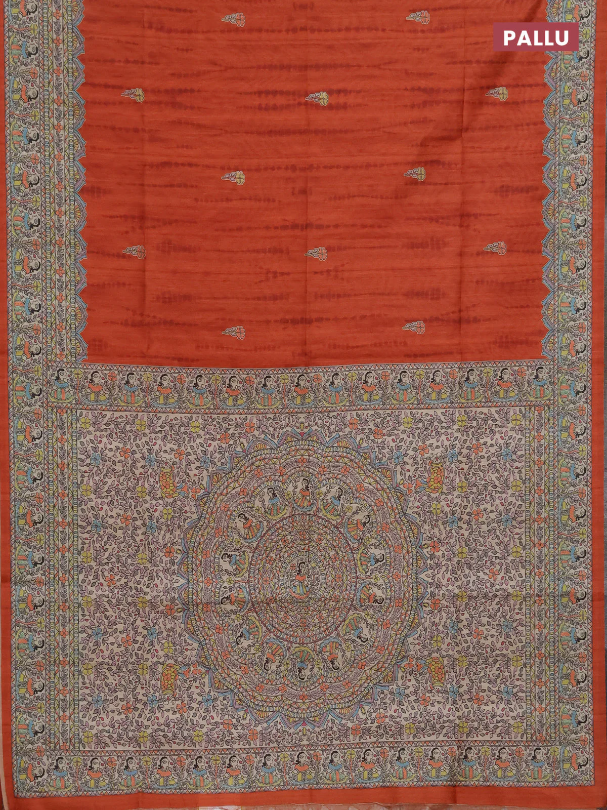 Semi tussar saree orange and beige with butta prints and madhubani printed pallu & border - Image 3