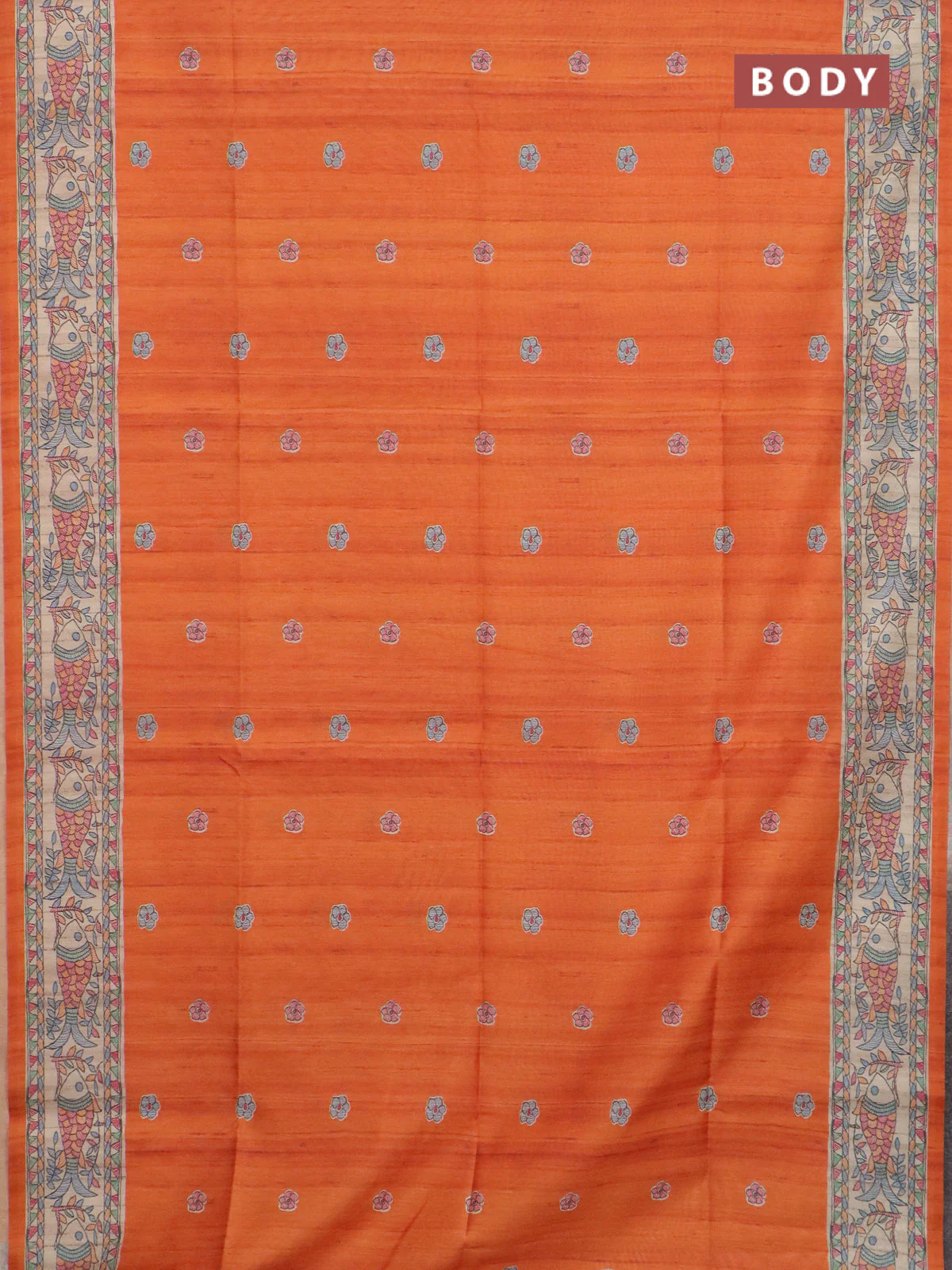 Semi tussar saree orange and beige with butta prints and madhubani printed pallu & border - Image 2