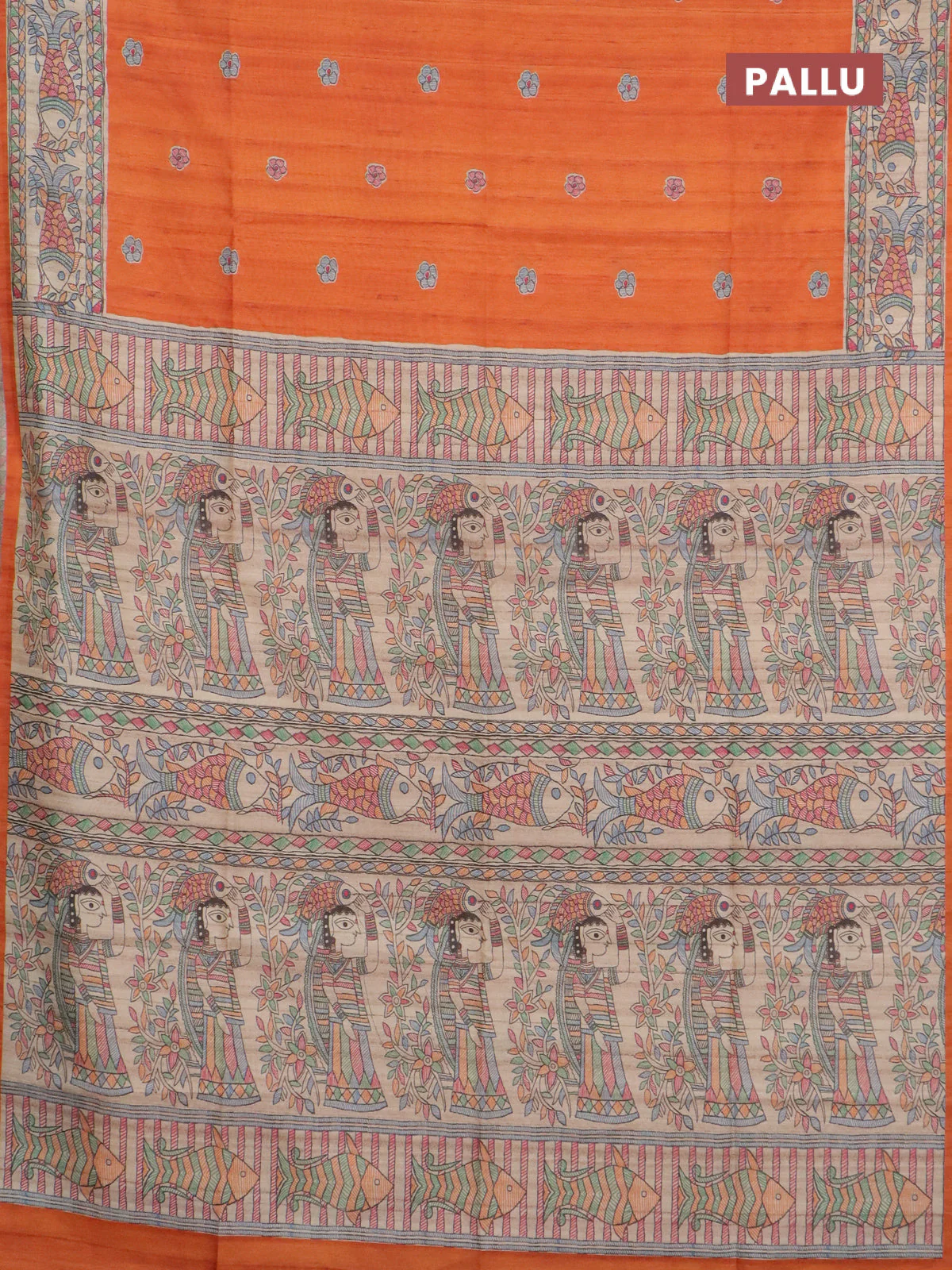 Semi tussar saree orange and beige with butta prints and madhubani printed pallu & border - Image 3