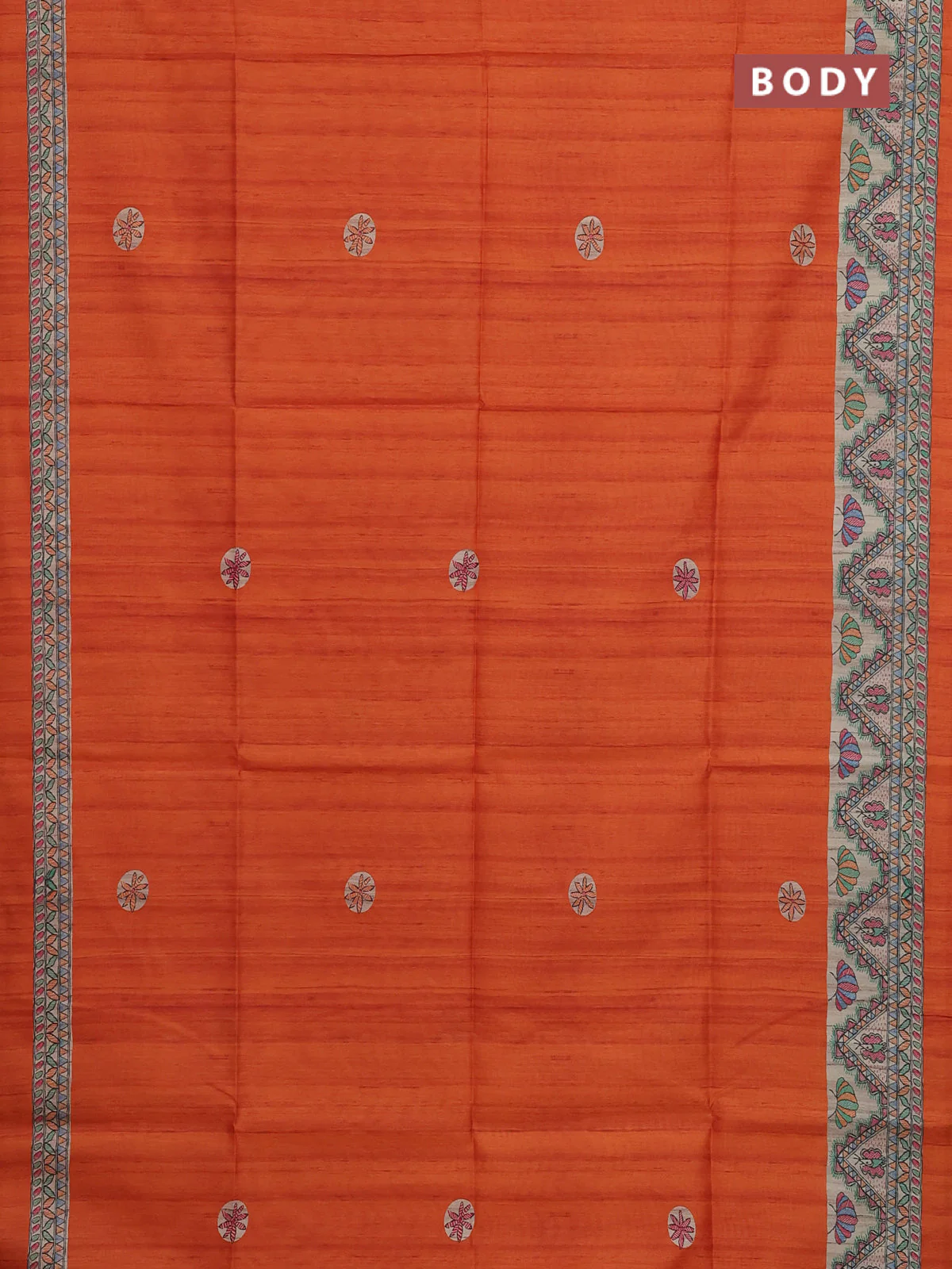 Semi tussar saree orange and cream with butta prints and madhubani printed pallu & border - Image 2