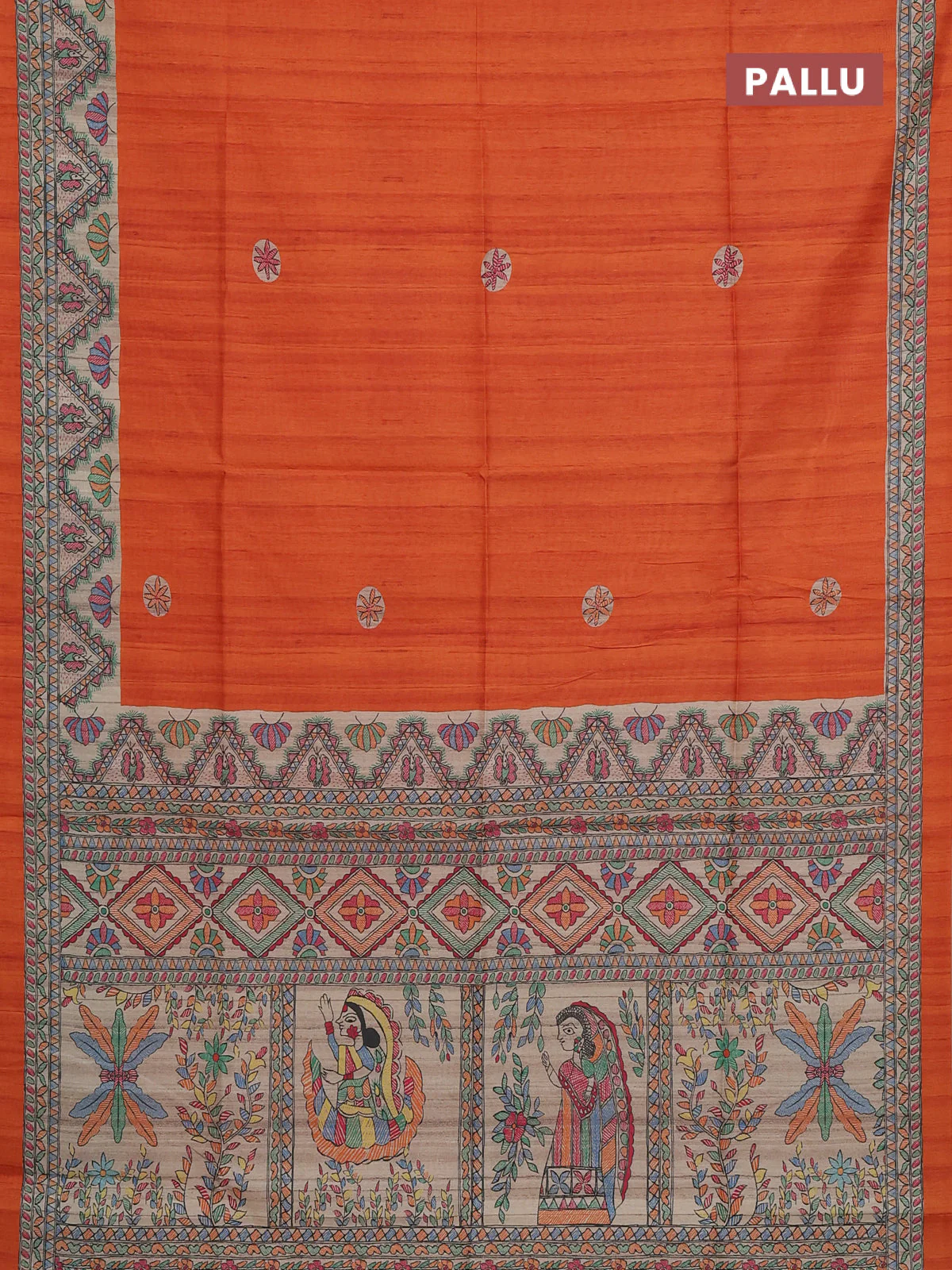 Semi tussar saree orange and cream with butta prints and madhubani printed pallu & border - Image 3