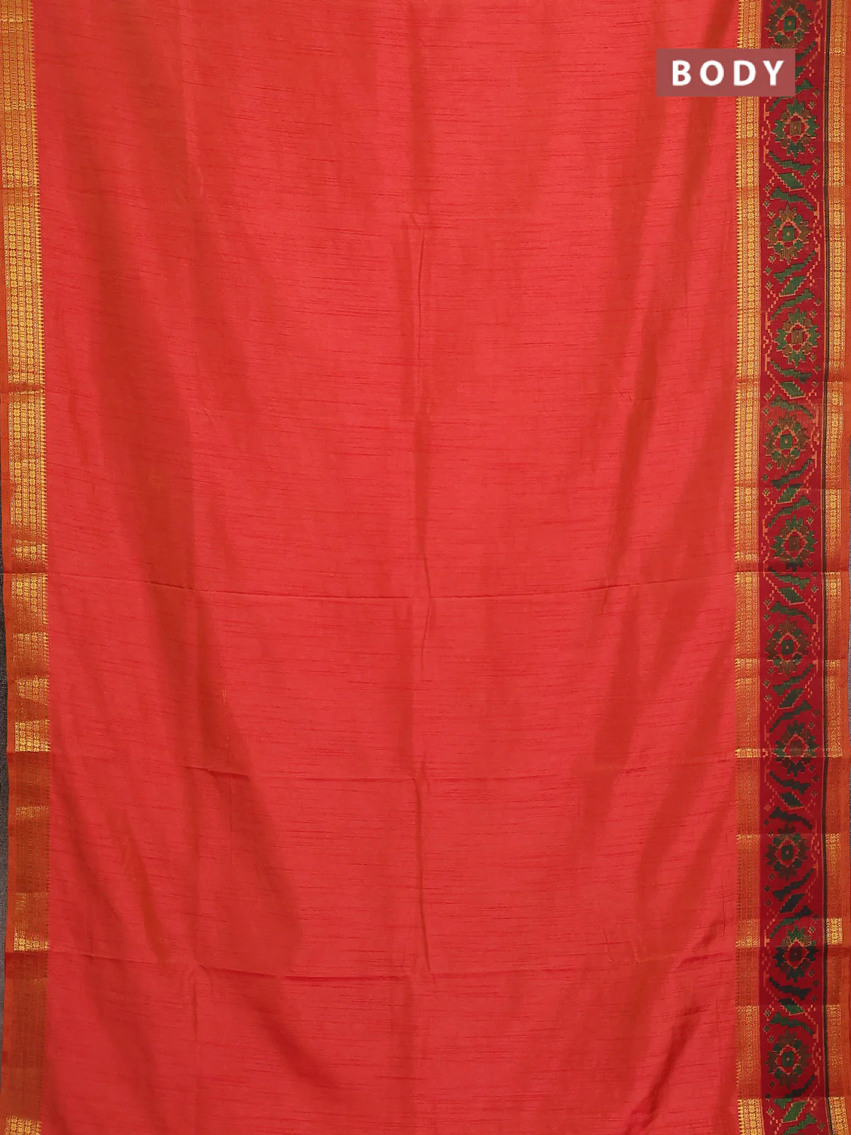Semi tussar saree orange and maroon with plain body and ikat woven zari border - Image 2