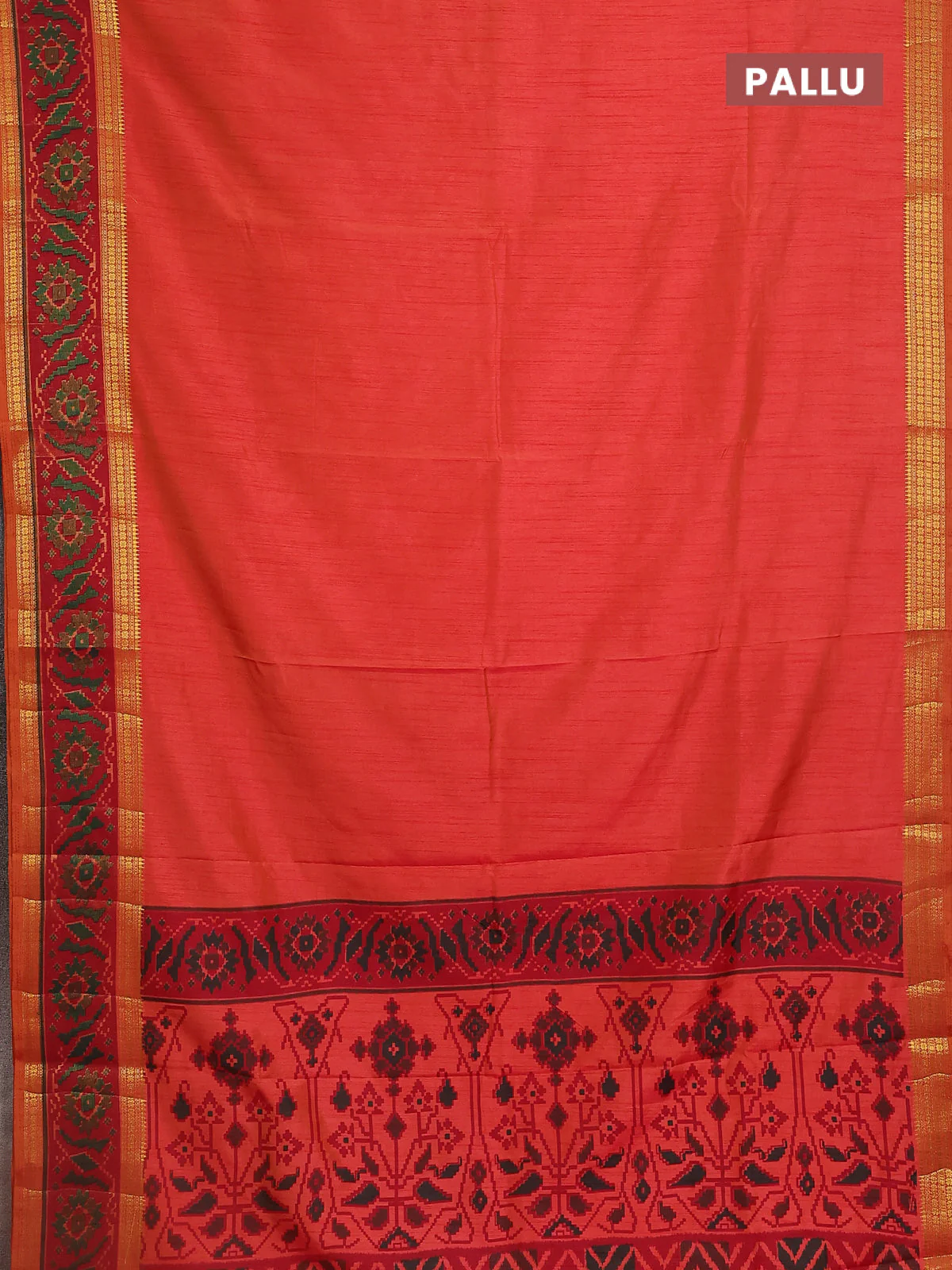 Semi tussar saree orange and maroon with plain body and ikat woven zari border - Image 3