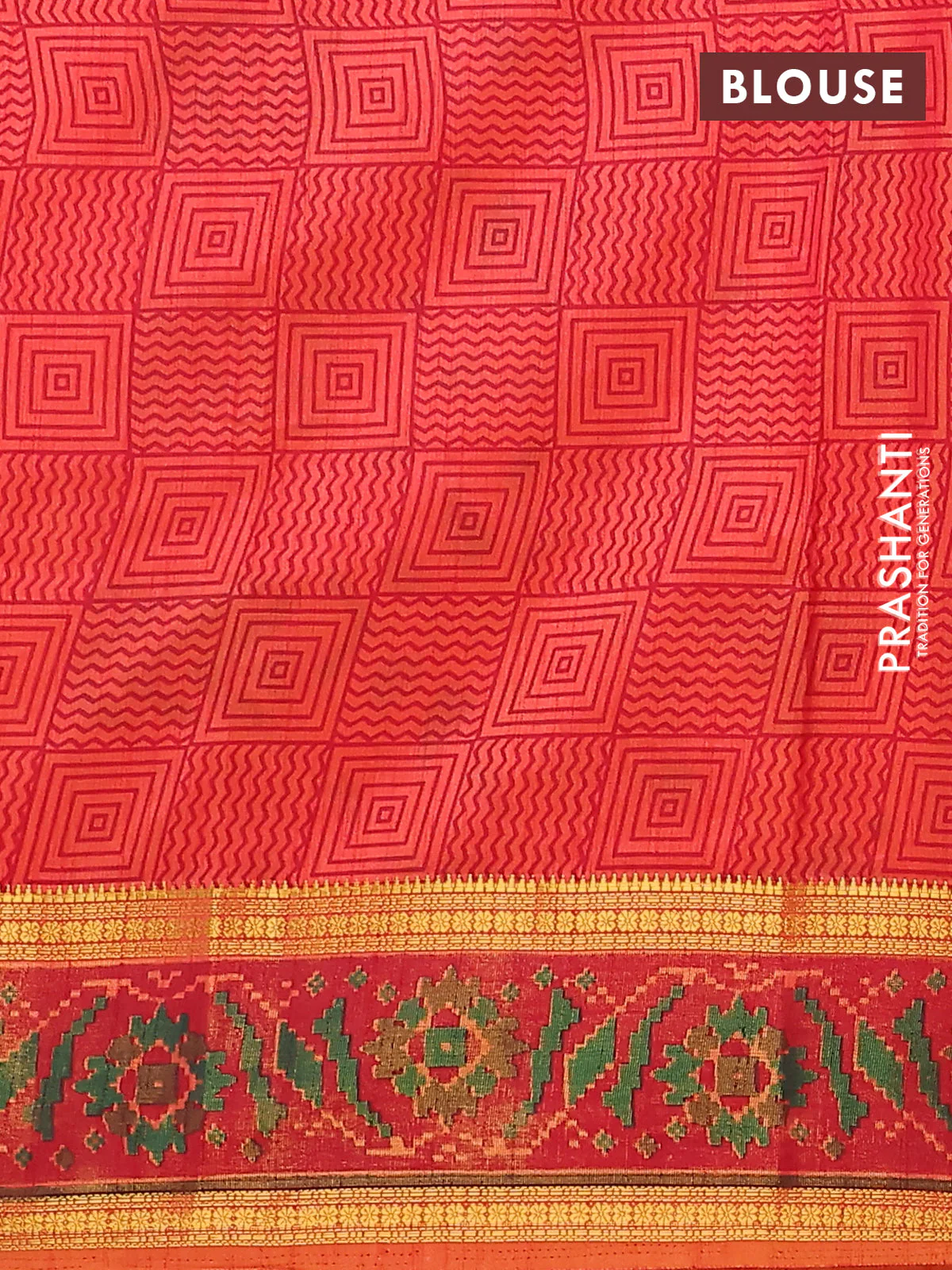 Semi tussar saree orange and maroon with plain body and ikat woven zari border - Image 4