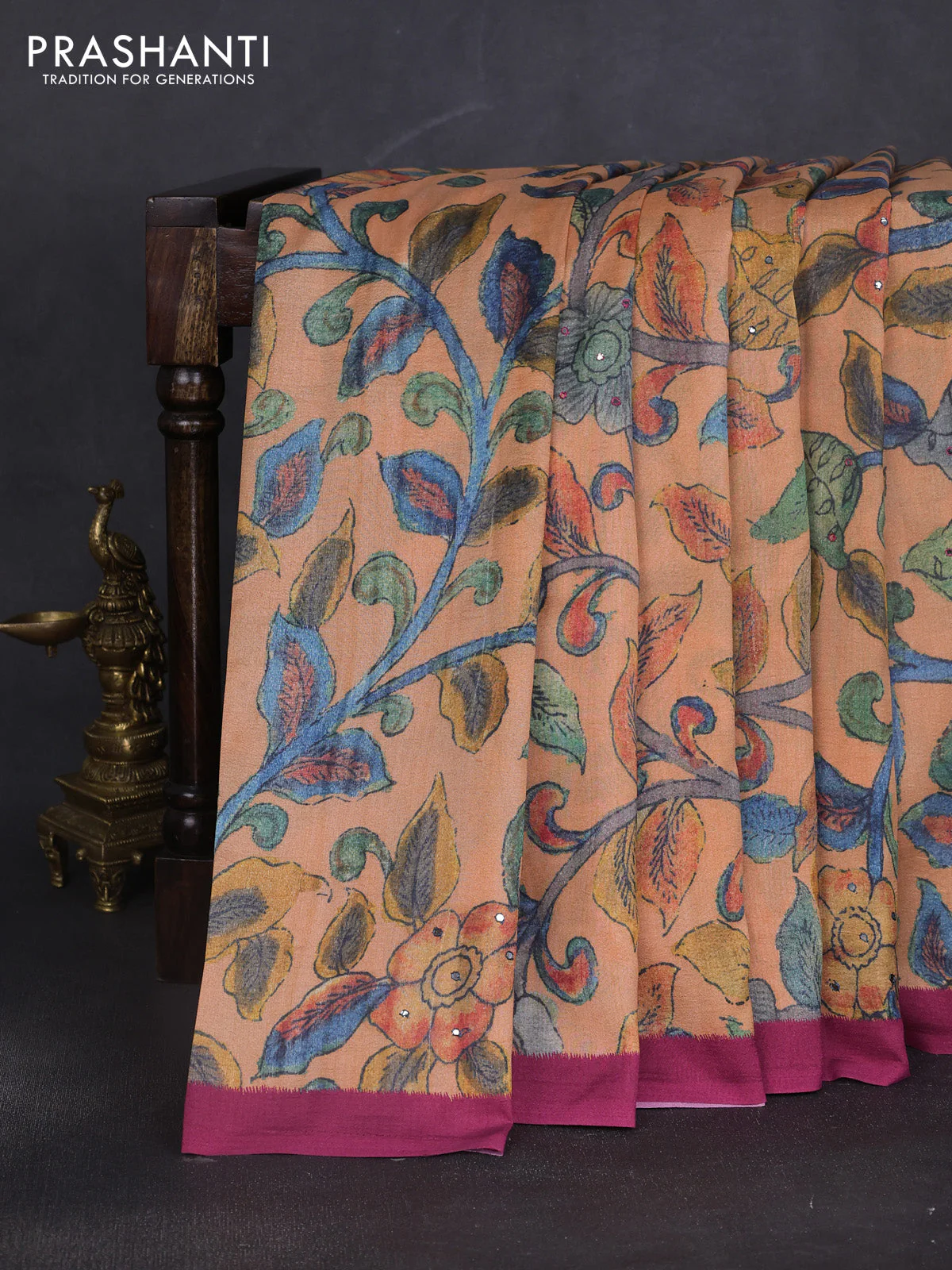 Semi tussar saree orange and pink with allover kalamkari prints and mirror work - Image 2