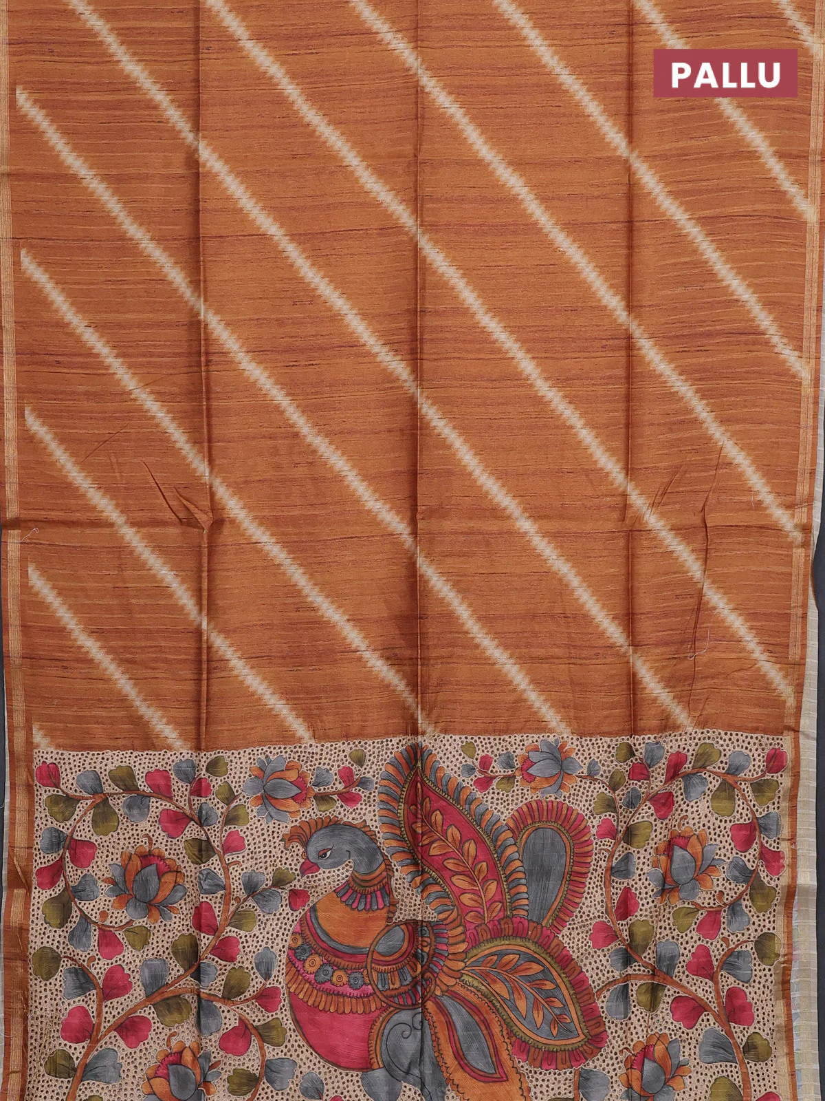 Semi tussar saree orange with leheriya prints and kalamkari prints & cut work pallu - Image 3