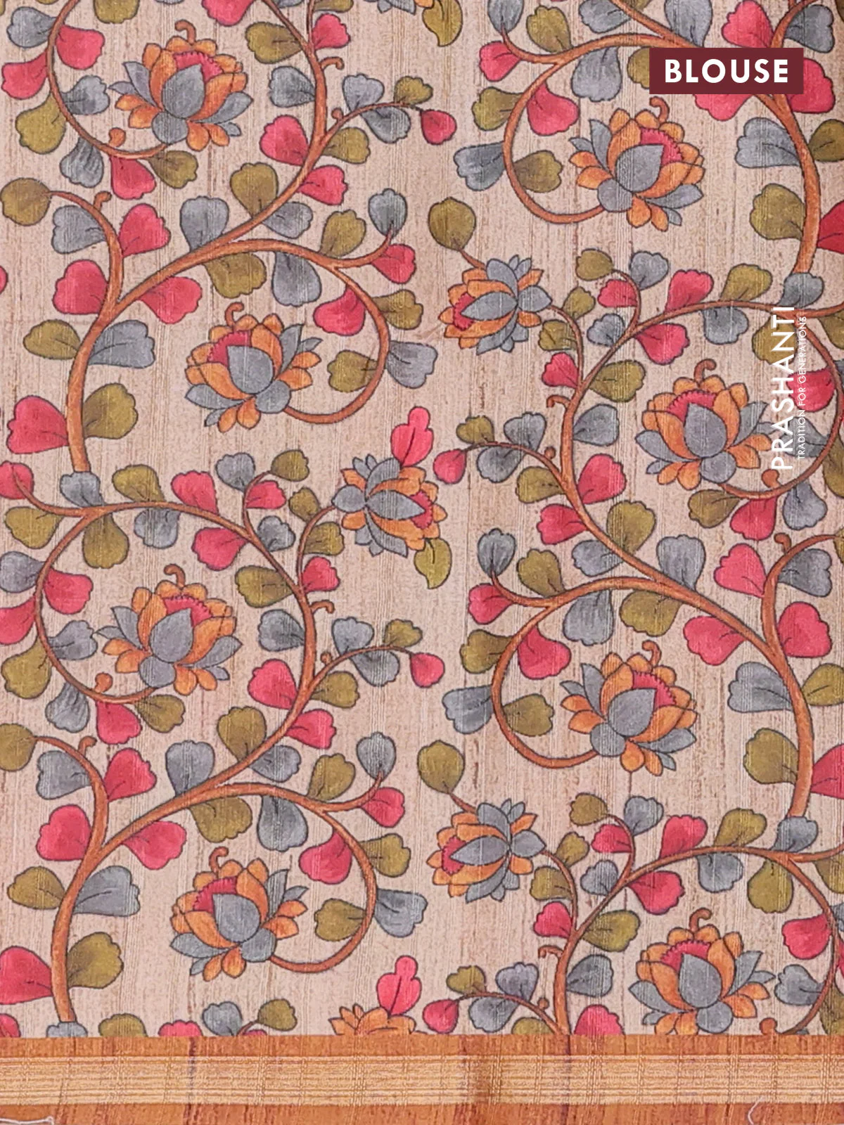 Semi tussar saree orange with leheriya prints and kalamkari prints & cut work pallu - Image 4