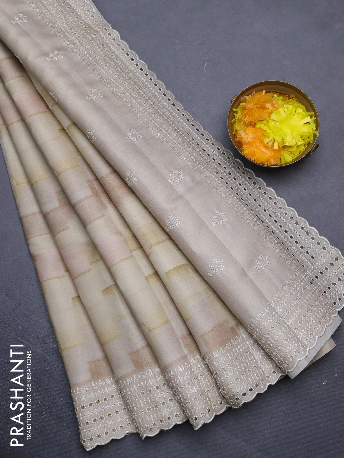 Semi tussar saree pale yellow and beige with allover geometric prints and embroidery cut work border - Image 2