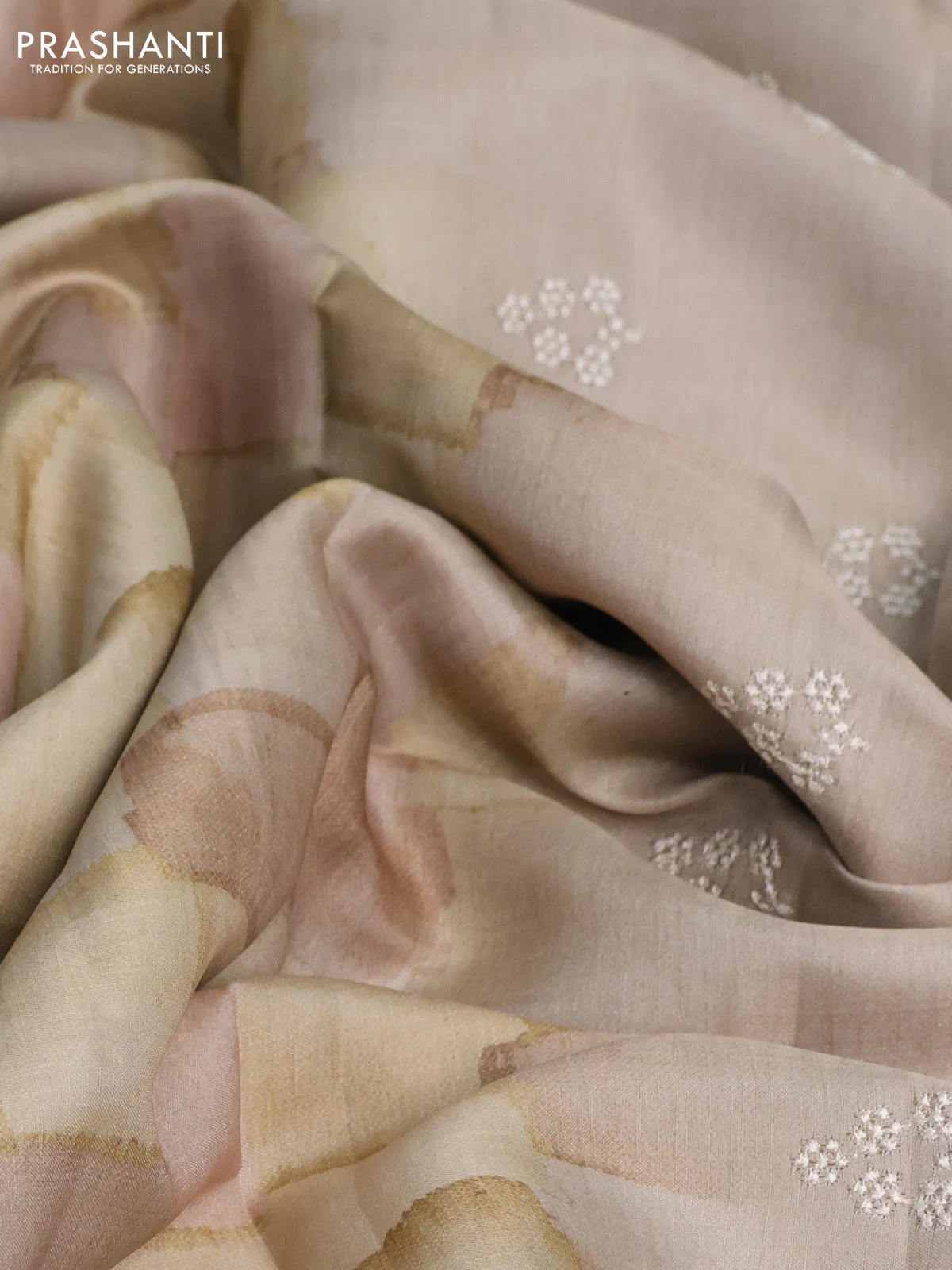 Semi tussar saree pale yellow and beige with allover geometric prints and embroidery cut work border - Image 3