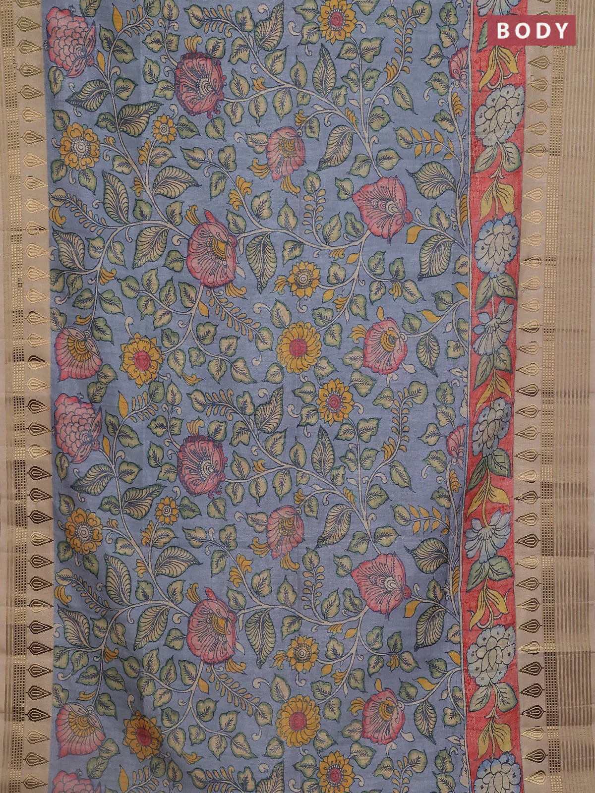 Semi tussar saree pastel blue and beige with allover kalamkari prints and zari woven border - Image 2