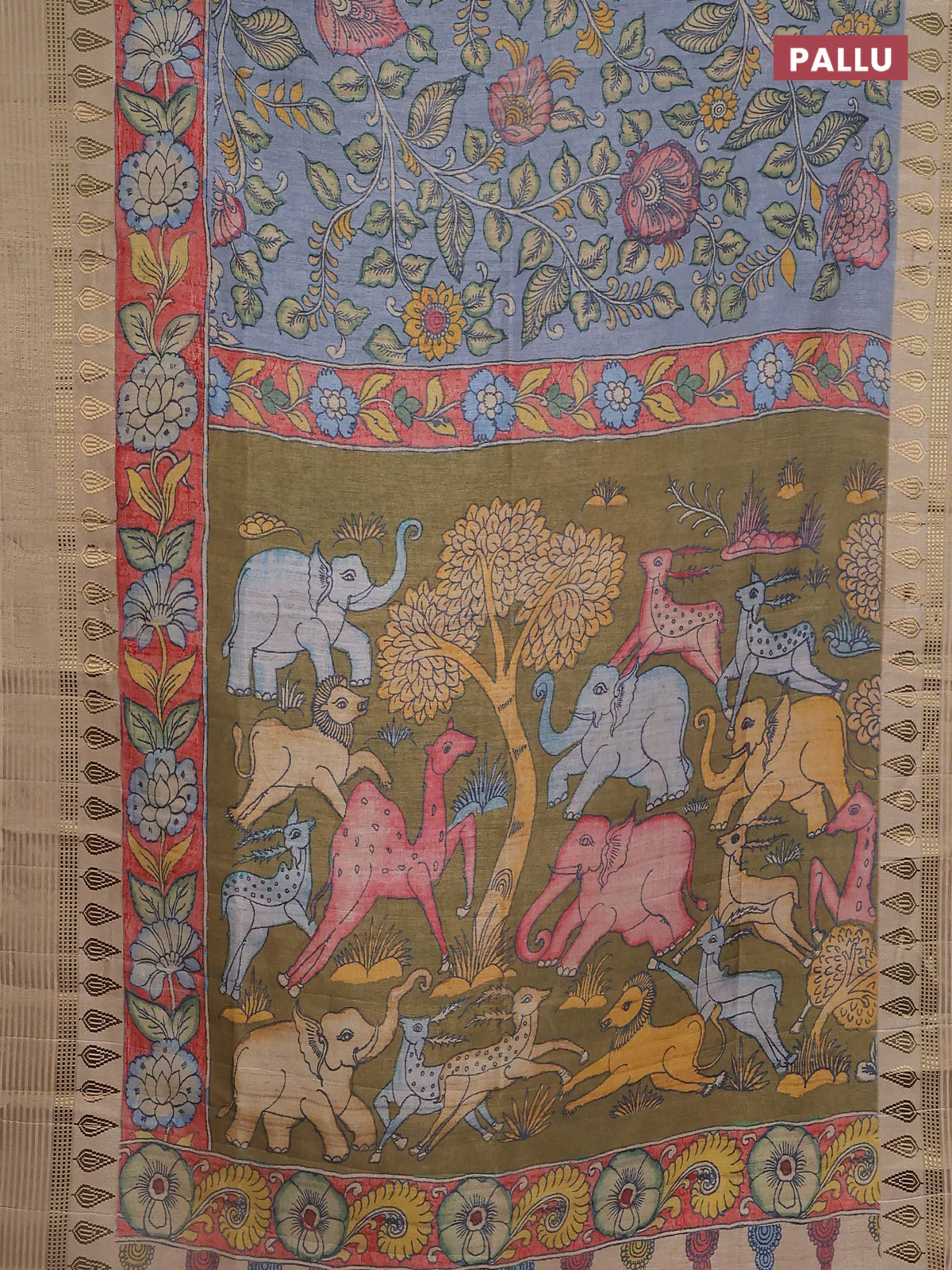Semi tussar saree pastel blue and beige with allover kalamkari prints and zari woven border - Image 3