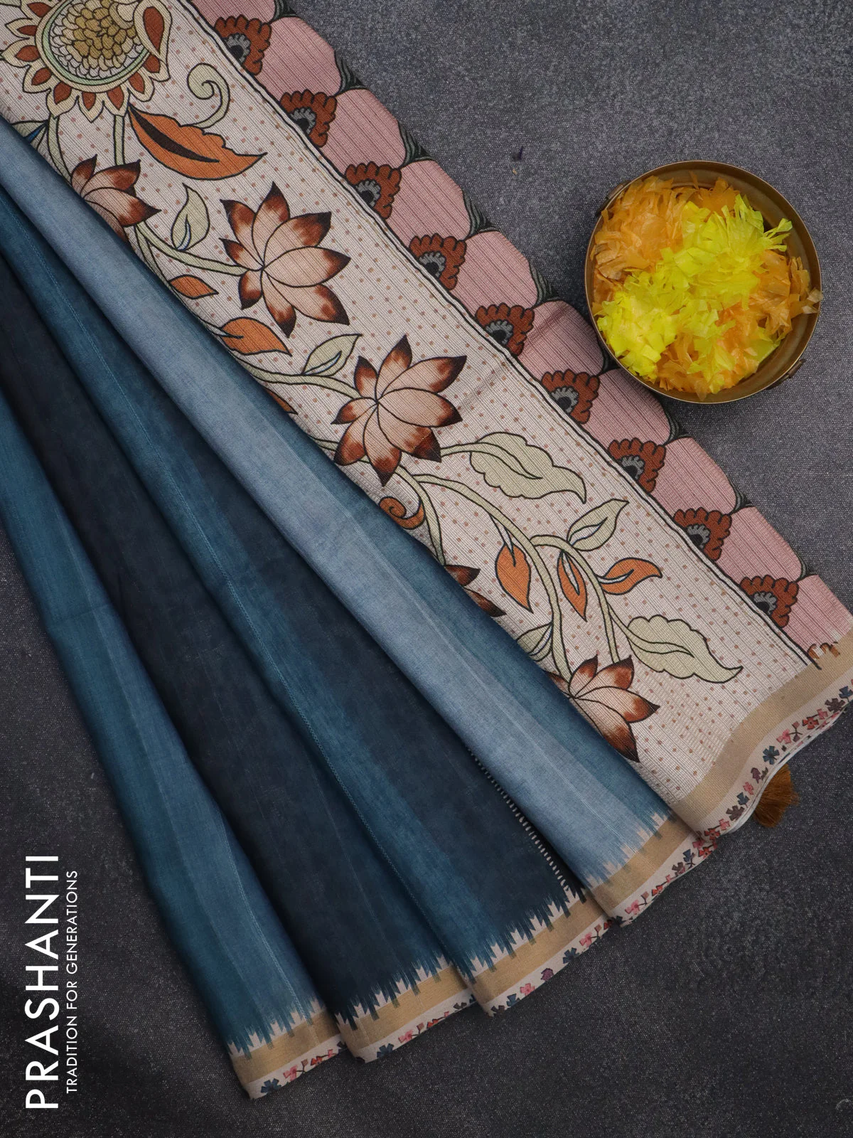 Semi tussar saree pastel blue and beige with plain body and kalamkari printed pallu - Image 2