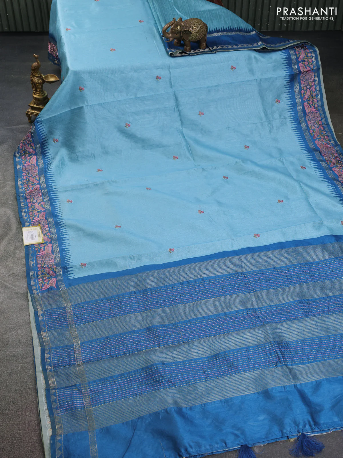 Semi tussar saree pastel blue and cs blue with embroidery work buttas and temple design embroidery border - Image 2