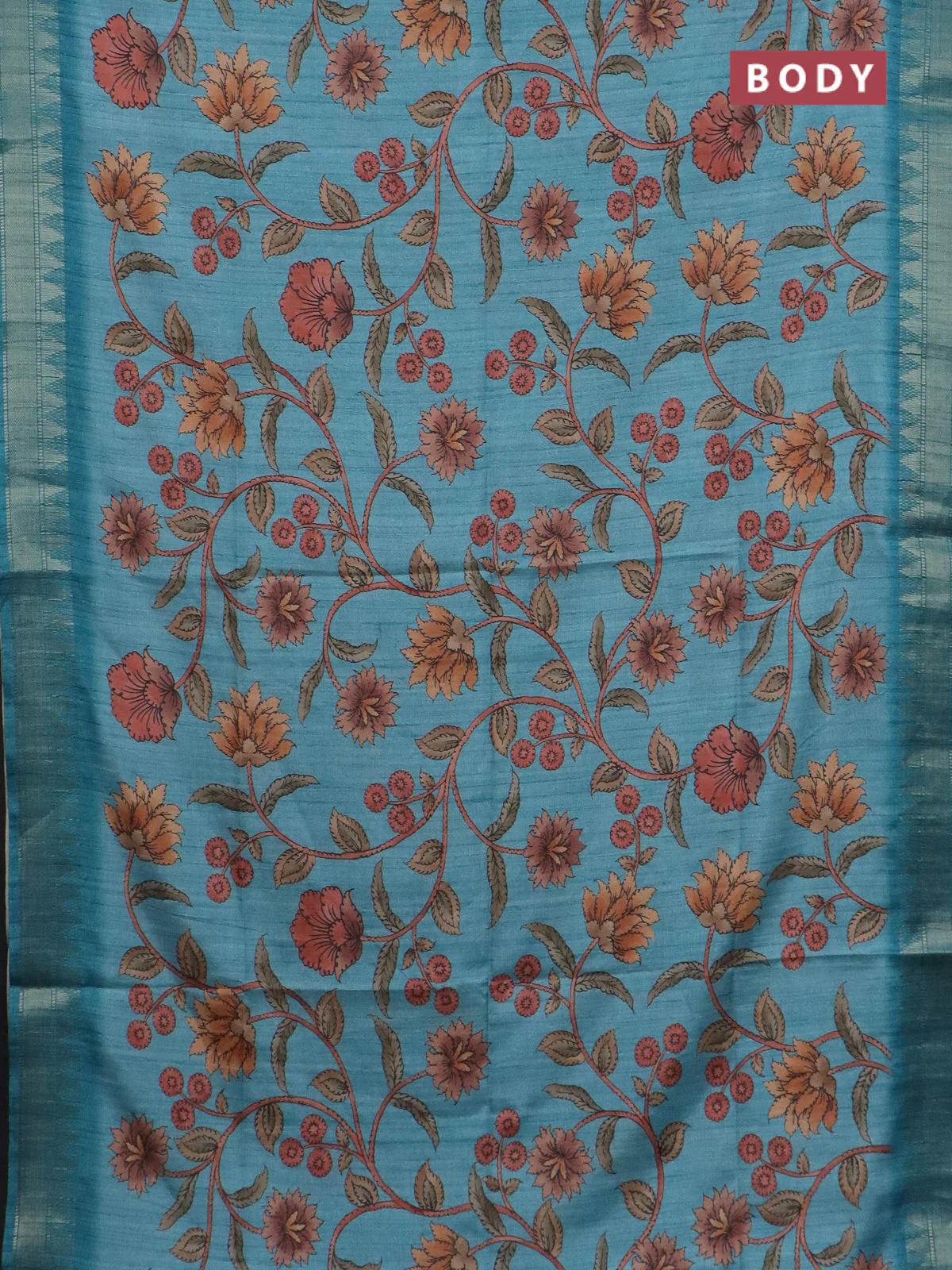 Semi tussar saree pastel blue with allover floral prints and zari woven border - Image 2