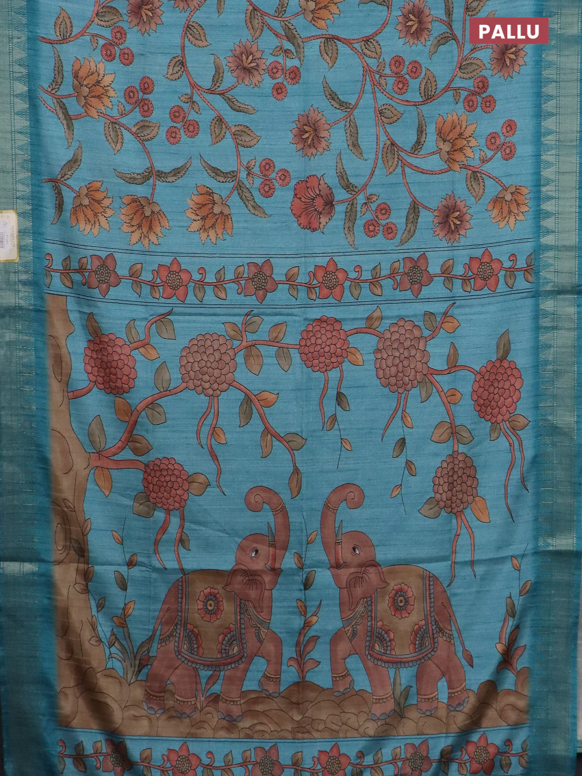 Semi tussar saree pastel blue with allover floral prints and zari woven border - Image 3