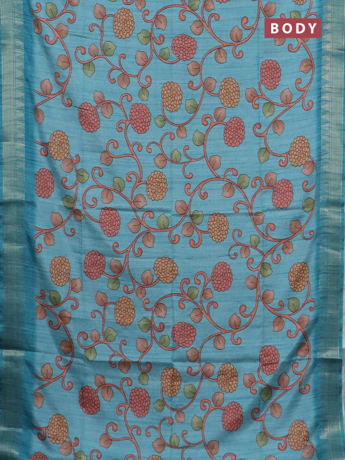 Semi tussar saree pastel blue with allover floral prints and zari woven border - Image 2