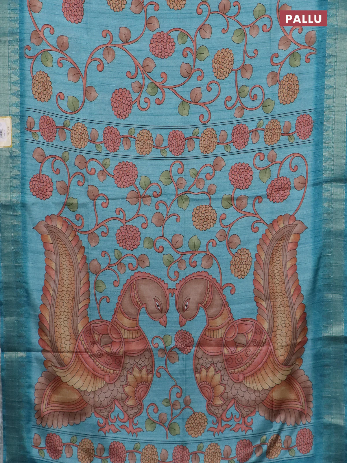 Semi tussar saree pastel blue with allover floral prints and zari woven border - Image 3