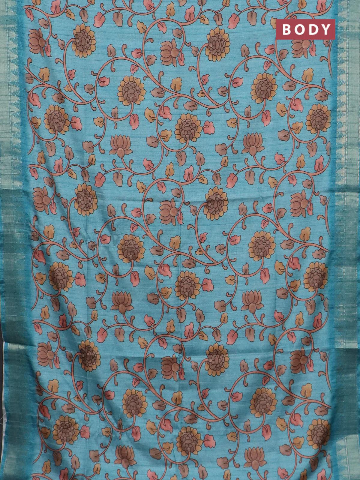 Semi tussar saree pastel blue with allover floral prints and zari woven border - Image 2