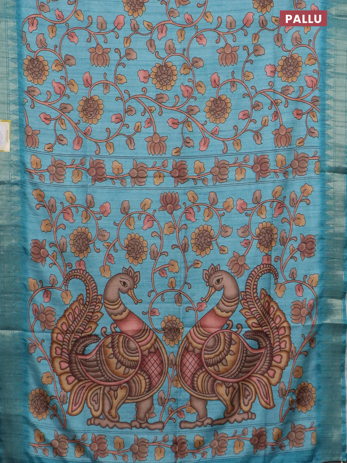 Semi tussar saree pastel blue with allover floral prints and zari woven border - Image 3