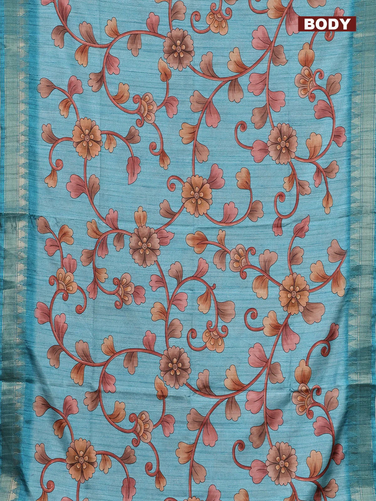 Semi tussar saree pastel blue with allover floral prints and zari woven border - Image 2