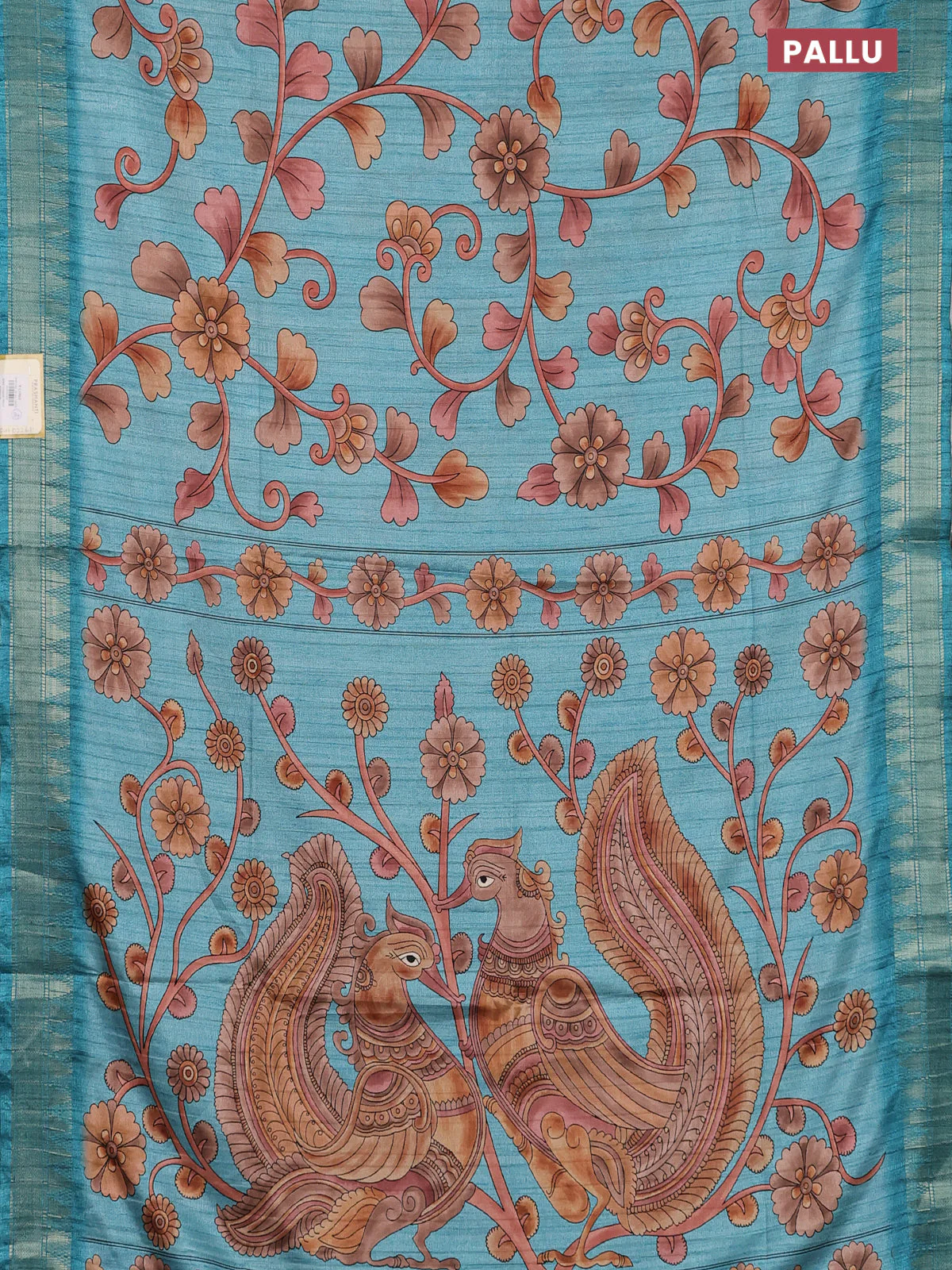 Semi tussar saree pastel blue with allover floral prints and zari woven border - Image 3