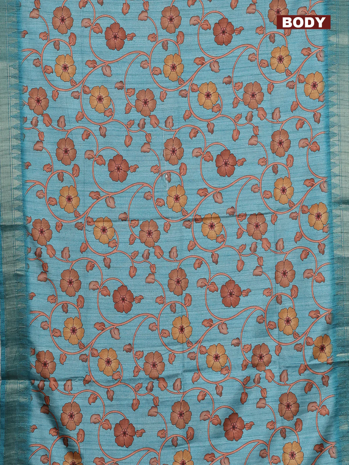 Semi tussar saree pastel blue with allover floral prints and zari woven border - Image 2