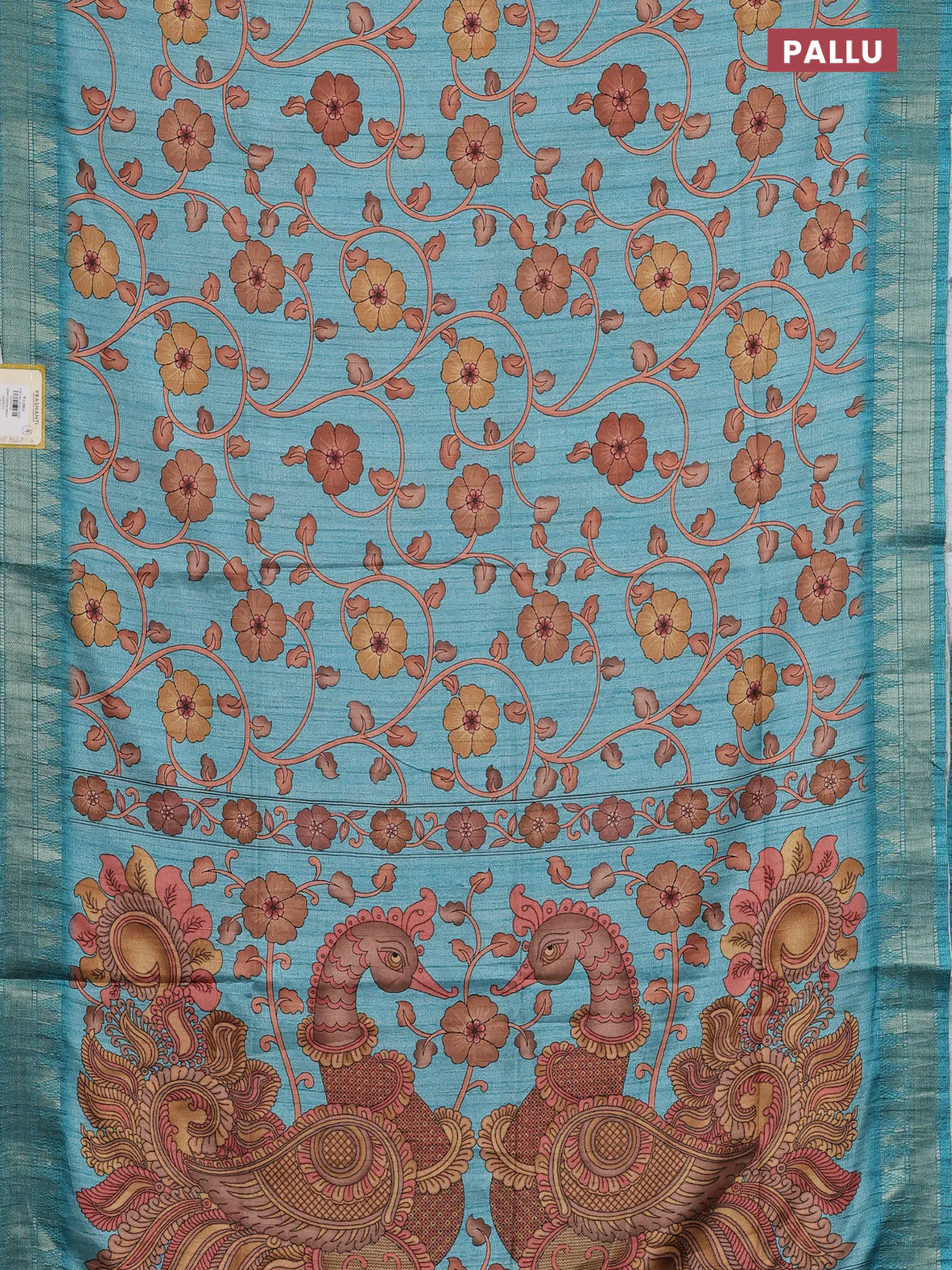Semi tussar saree pastel blue with allover floral prints and zari woven border - Image 3