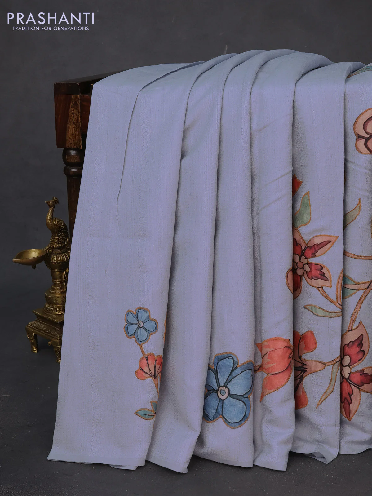 Semi tussar saree pastel blue with allover kalamkari applique work in borderless style - Image 2