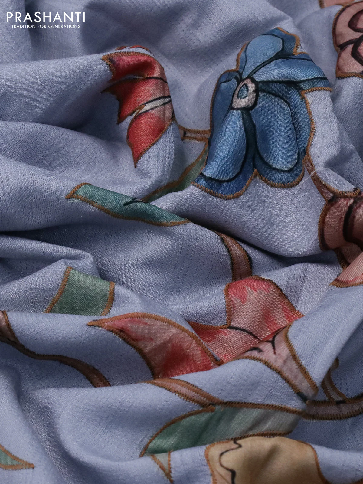 Semi tussar saree pastel blue with allover kalamkari applique work in borderless style - Image 3