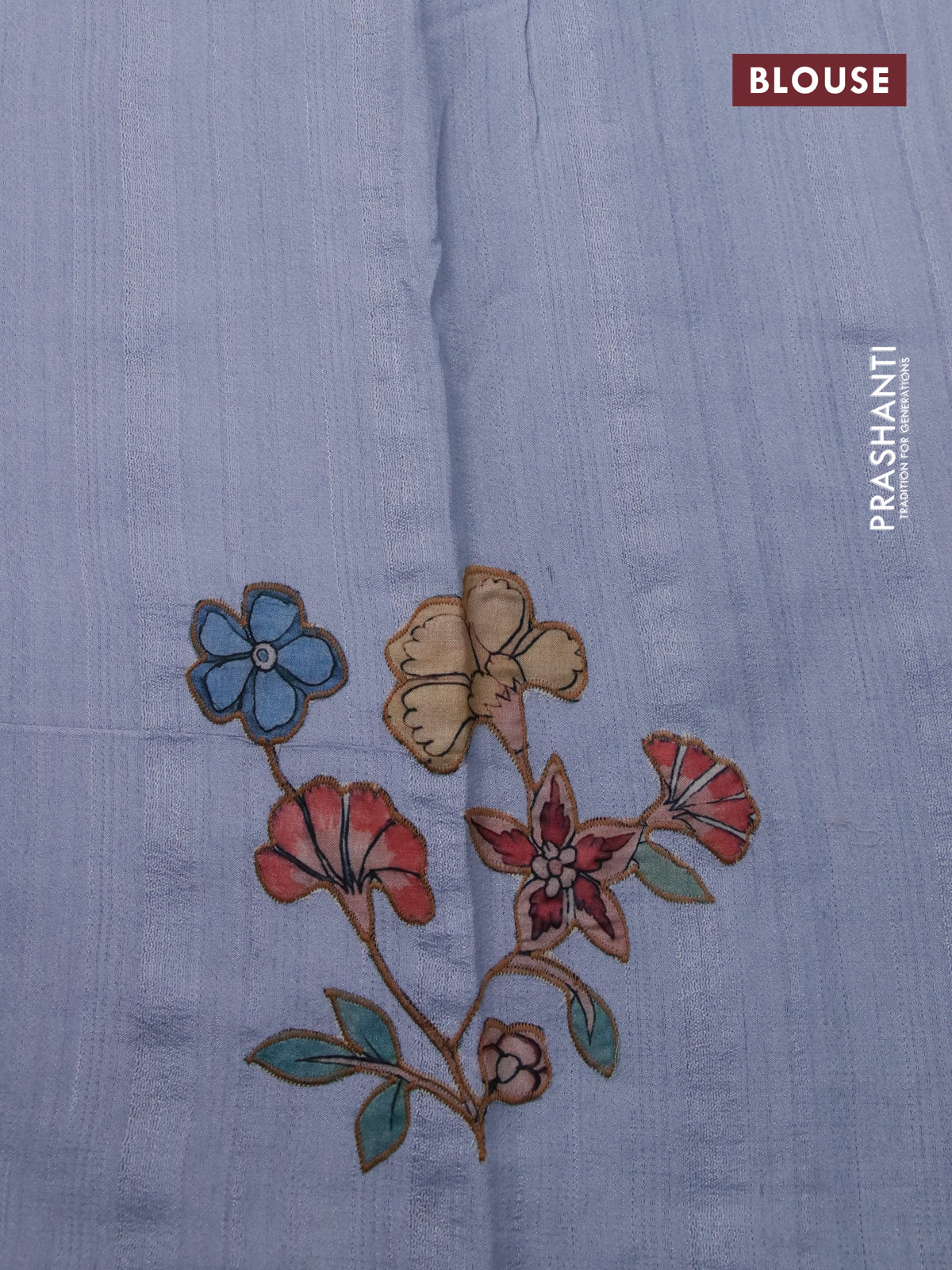 Semi tussar saree pastel blue with allover kalamkari applique work in borderless style - Image 4