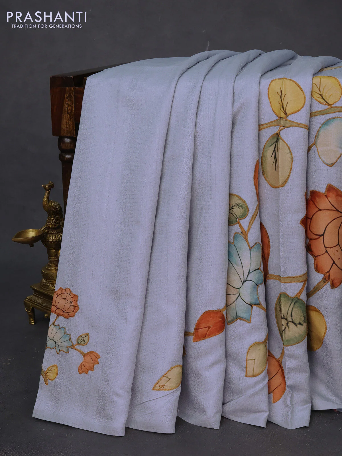 Semi tussar saree pastel blue with allover kalamkari applique work in borderless style - Image 2