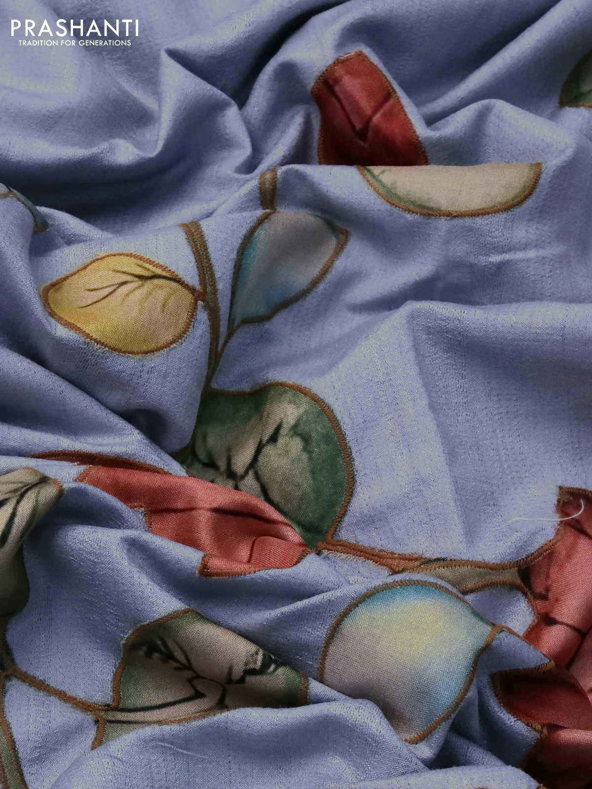 Semi tussar saree pastel blue with allover kalamkari applique work in borderless style - Image 3