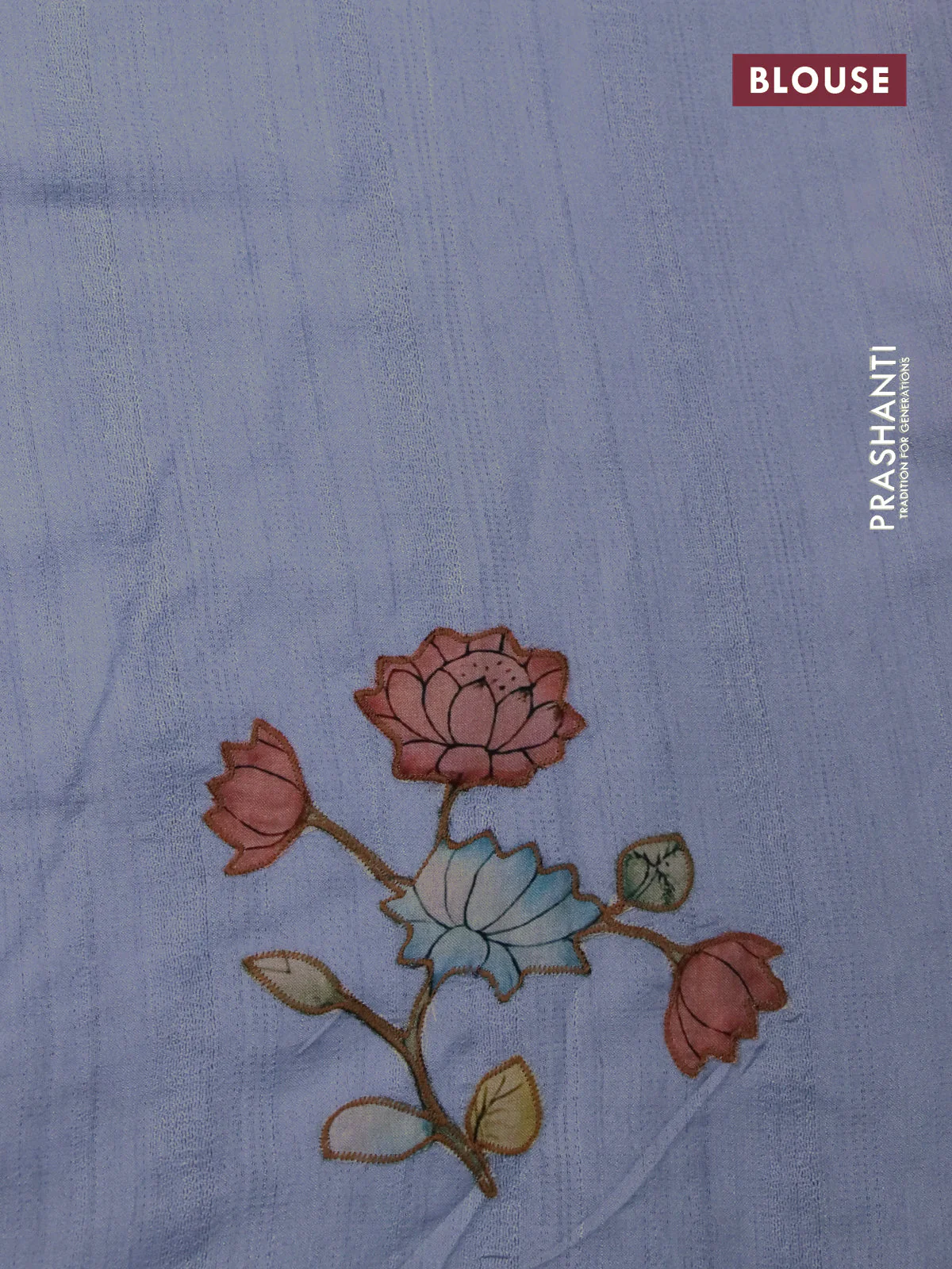Semi tussar saree pastel blue with allover kalamkari applique work in borderless style - Image 4