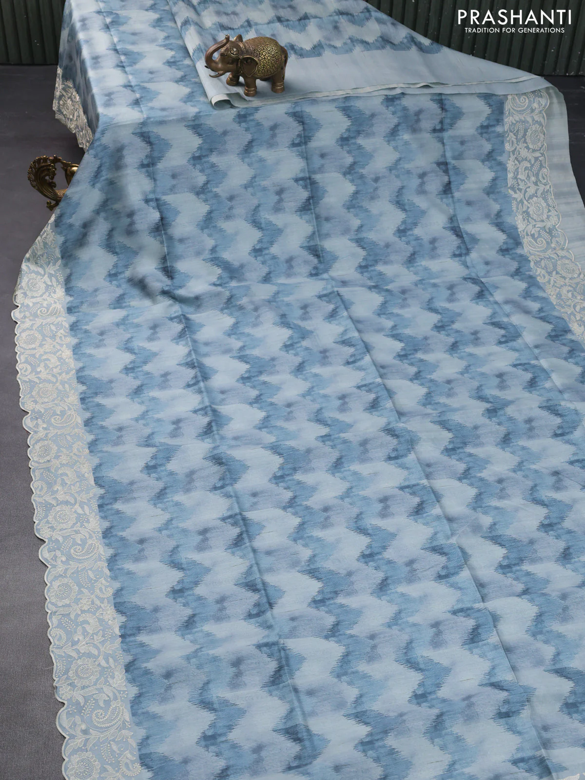 Semi tussar saree pastel blue with allover zig zag digital prints and chikankari work border - Image 2