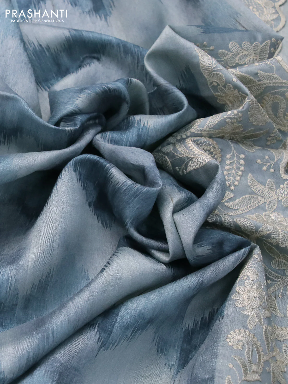 Semi tussar saree pastel blue with allover zig zag digital prints and chikankari work border - Image 3