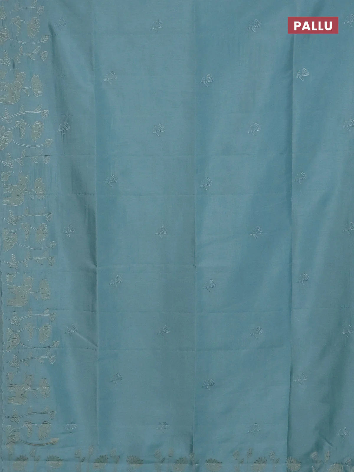 Semi tussar saree pastel blue with floral embroidery work and applique work border - Image 3