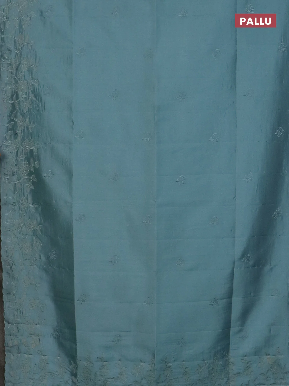 Semi tussar saree pastel blue with floral embroidery work and applique work border - Image 3