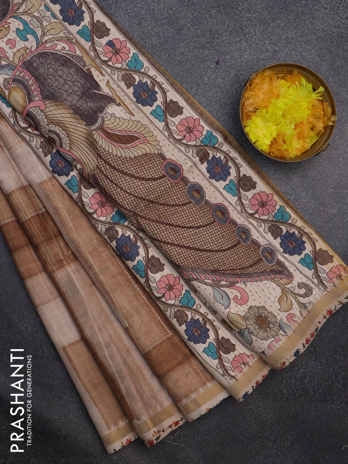 Semi tussar saree pastel brown and beige with allover geometric saree and kalamkari printed pallu - Image 2