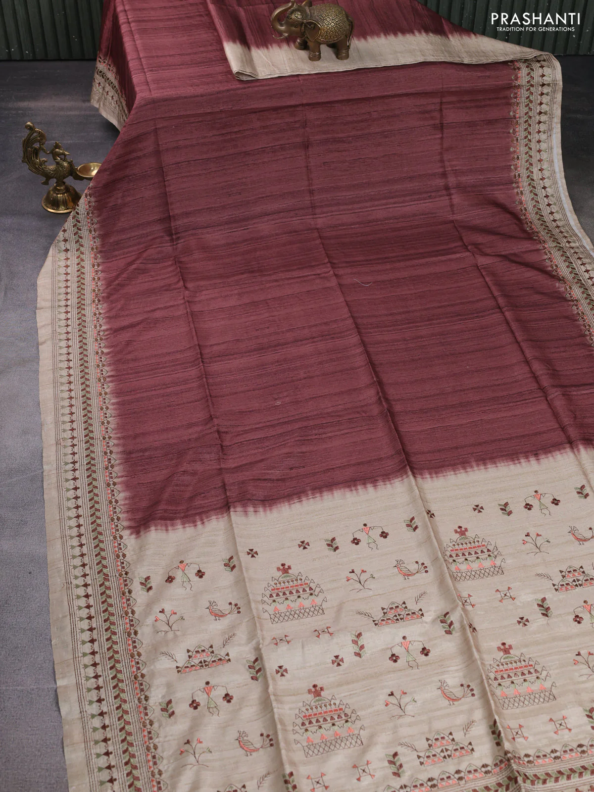 Semi tussar saree pastel brown and beige with plain body and embroidery pallu & border - Image 2