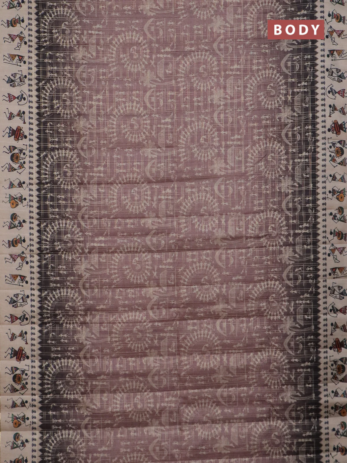 Semi tussar saree pastel brown and cream with allover zari checks & warli prints  and printed border - Image 2