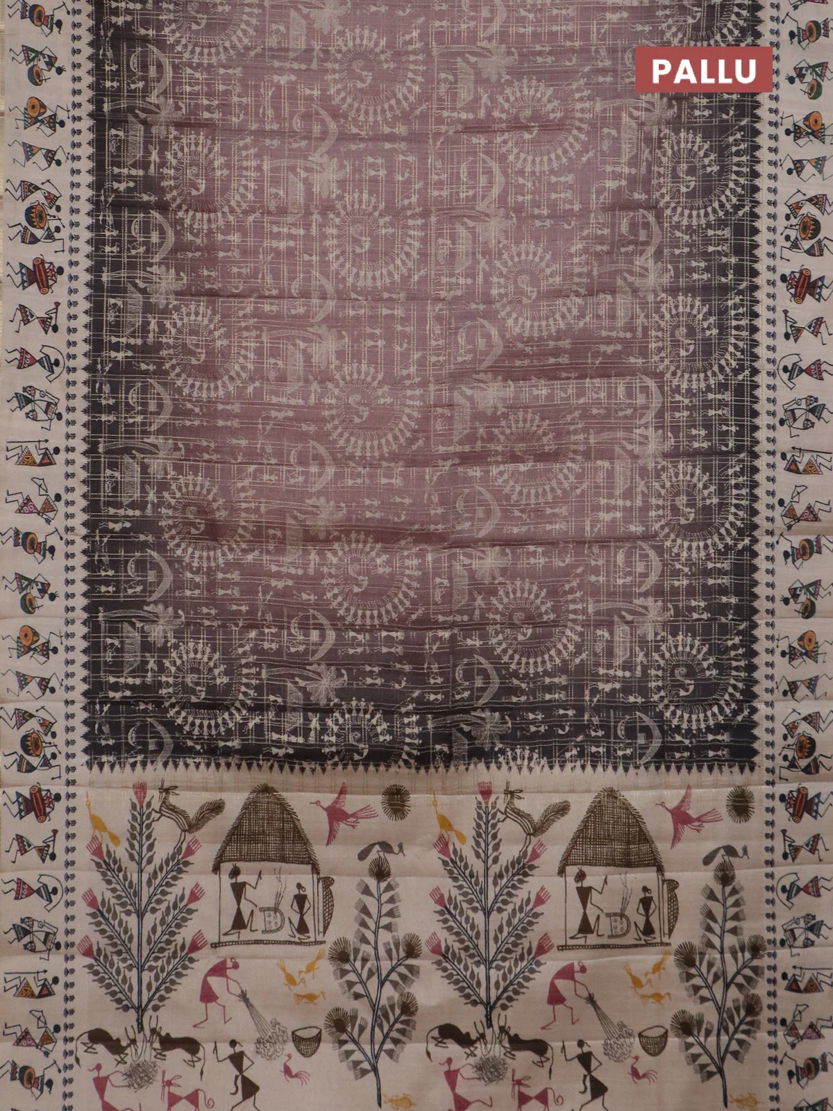 Semi tussar saree pastel brown and cream with allover zari checks & warli prints  and printed border - Image 3