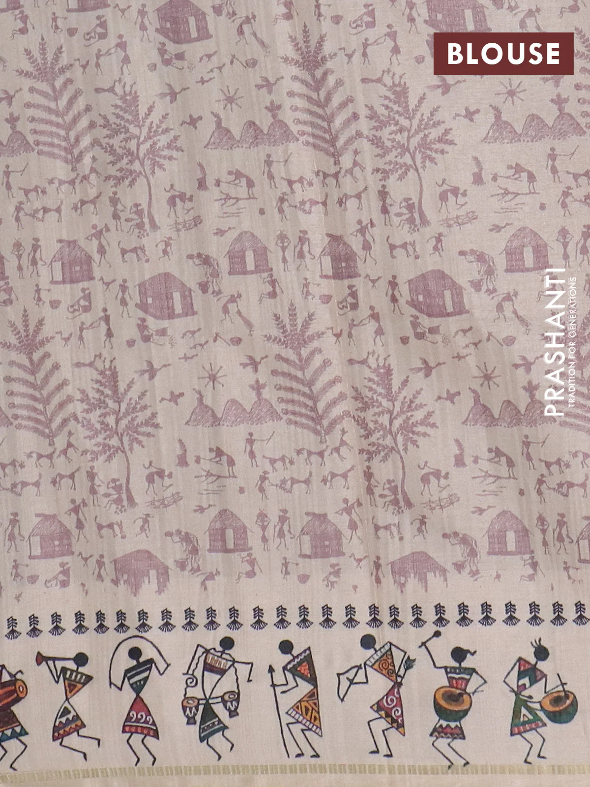 Semi tussar saree pastel brown and cream with allover zari checks & warli prints  and printed border - Image 4