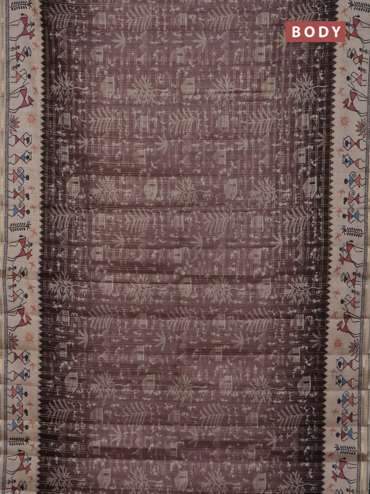 Semi tussar saree pastel brown and cream with allover zari checks & warli prints  and printed border - Image 2