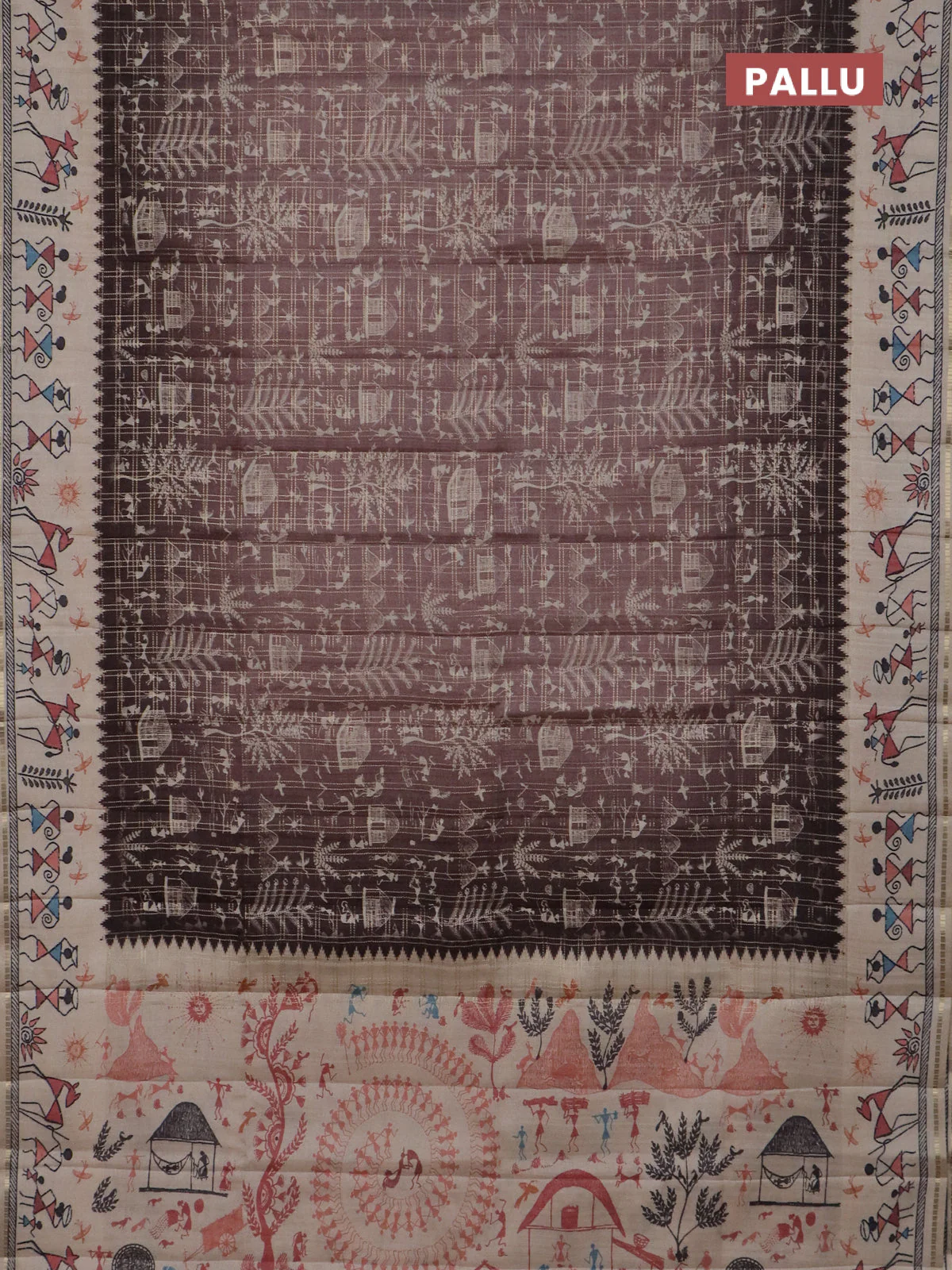 Semi tussar saree pastel brown and cream with allover zari checks & warli prints  and printed border - Image 3